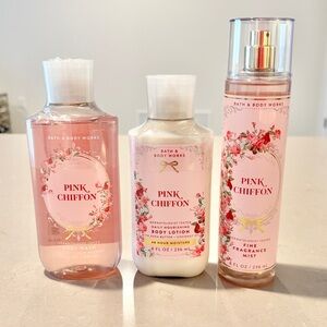 Bath & Body Works Pink Chiffon 3 Piece Set Fine Fragrance Mist Lotion Body Wash